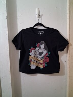 Bettie Page Black Tee with Red Roses and Gold Banner